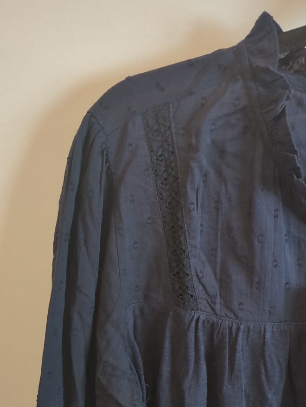 Cottage Prairie Romantic Boho Thought Navy Blue Cotton Textured Blouse US 12 - Picture 5 of 9